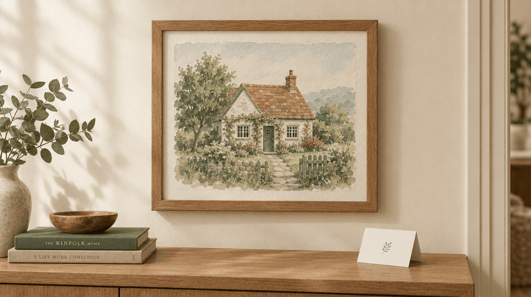 A watercolor cottage portrait in a wooden frame, with a blank card below it
